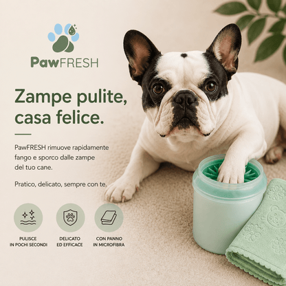Cane con zampe pulite dopo l'utilizzo del kit puliscizampe PawFRESH