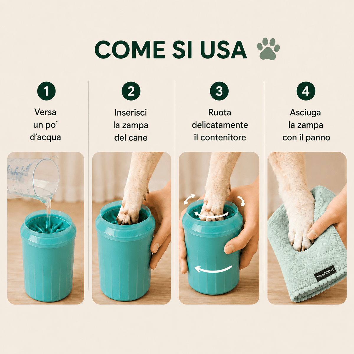 Fasi d'uso del kit puliscizampe PawFRESH per cani, gatti e conigli