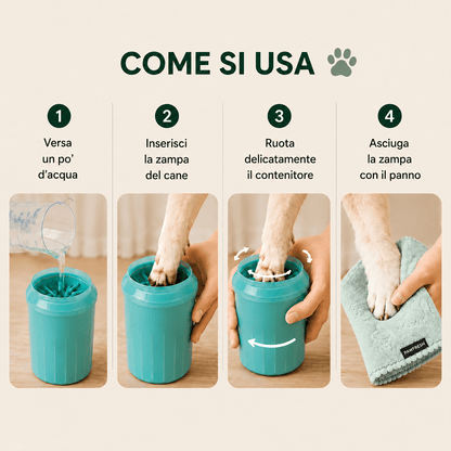 Fasi d'uso del kit puliscizampe PawFRESH per cani, gatti e conigli